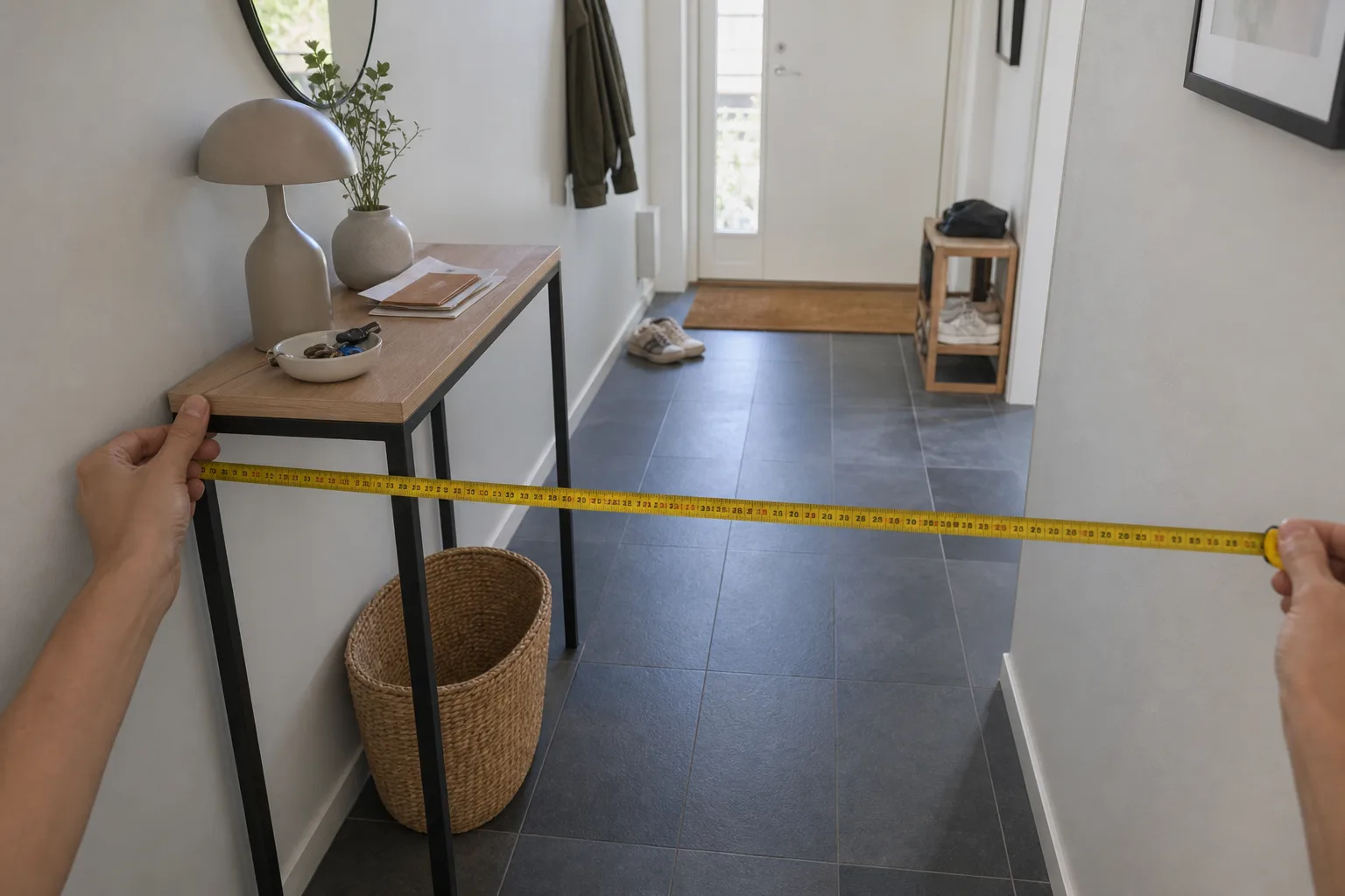 Måttband mäter konsolbordets djup och gångyta i hall