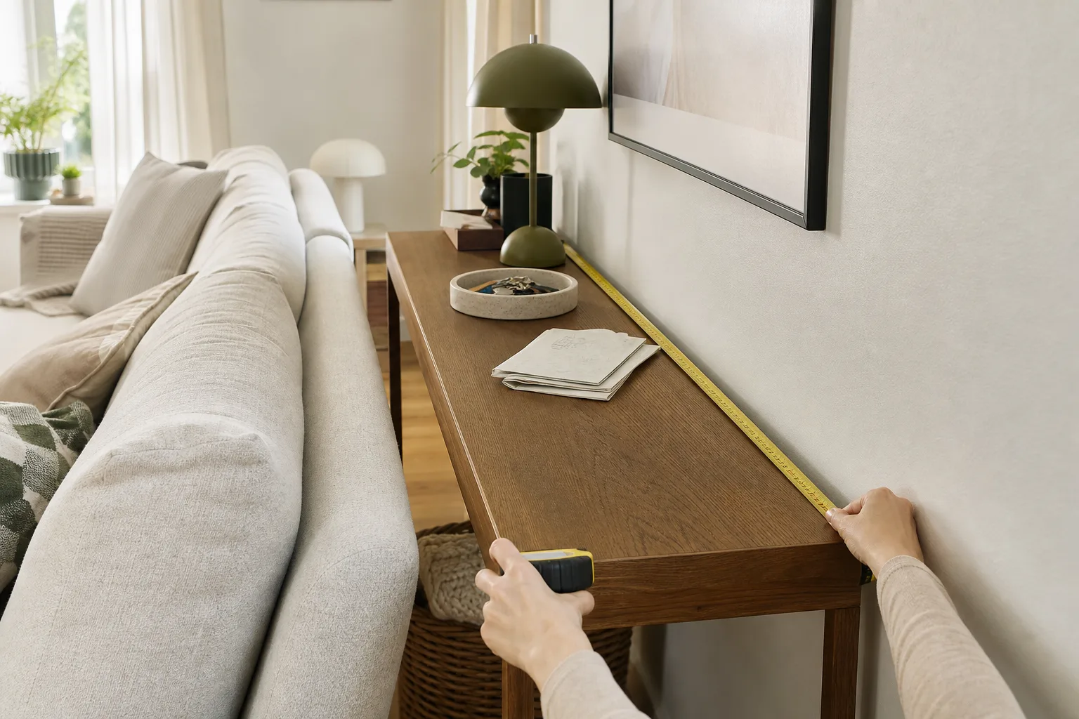 Måttband längs konsolbord bakom en soffa i vardagsrum