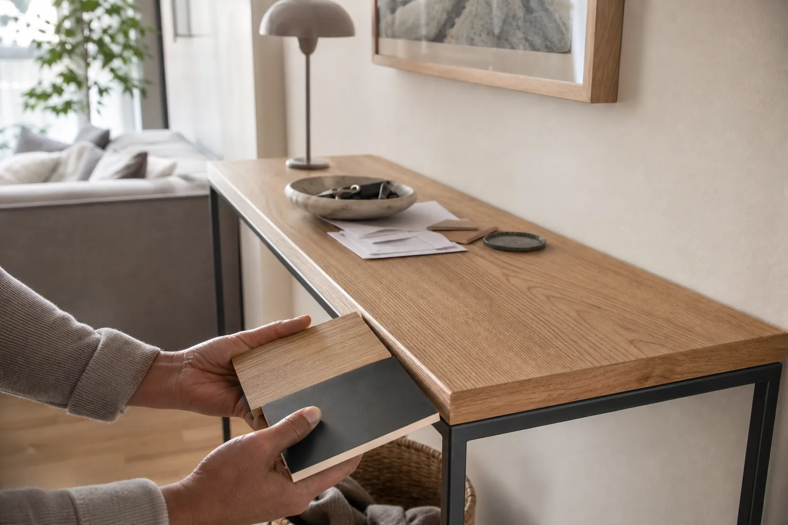 Konsolbord med ekskiva och metallben jämförs med materialprover