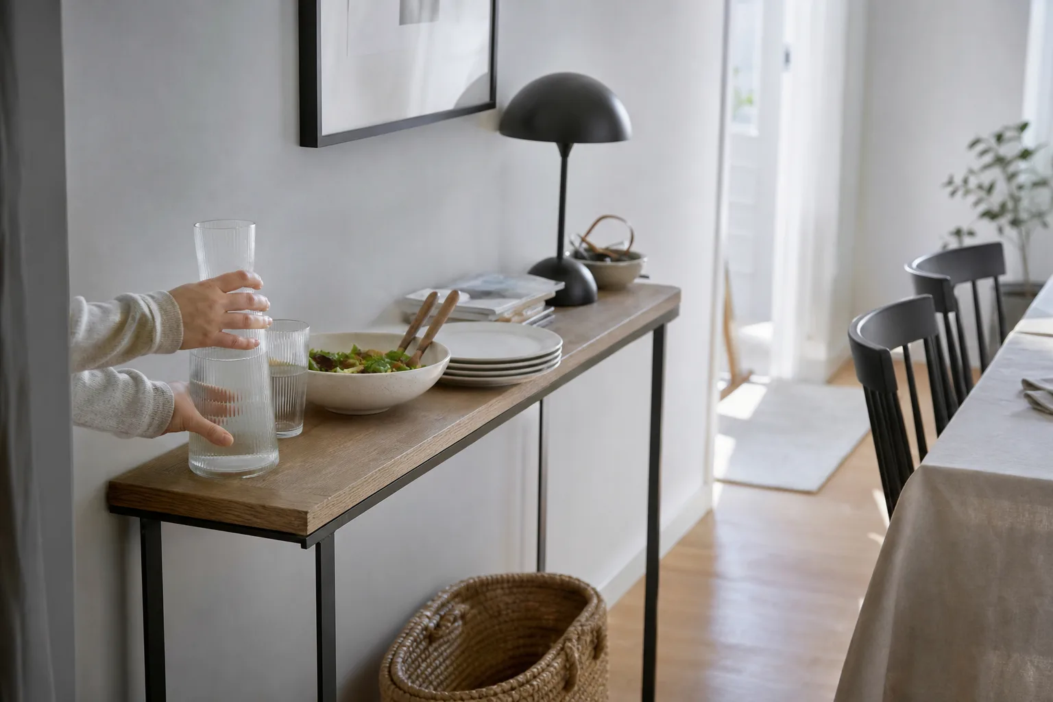 Smalt avlastningsbord med tallrikar och karaff vid svensk matplats