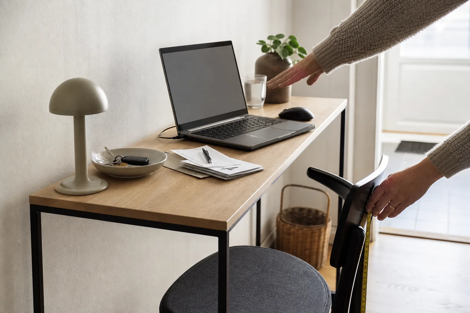 Laptop och mus på smalt konsolbord med stol i hemmakontor