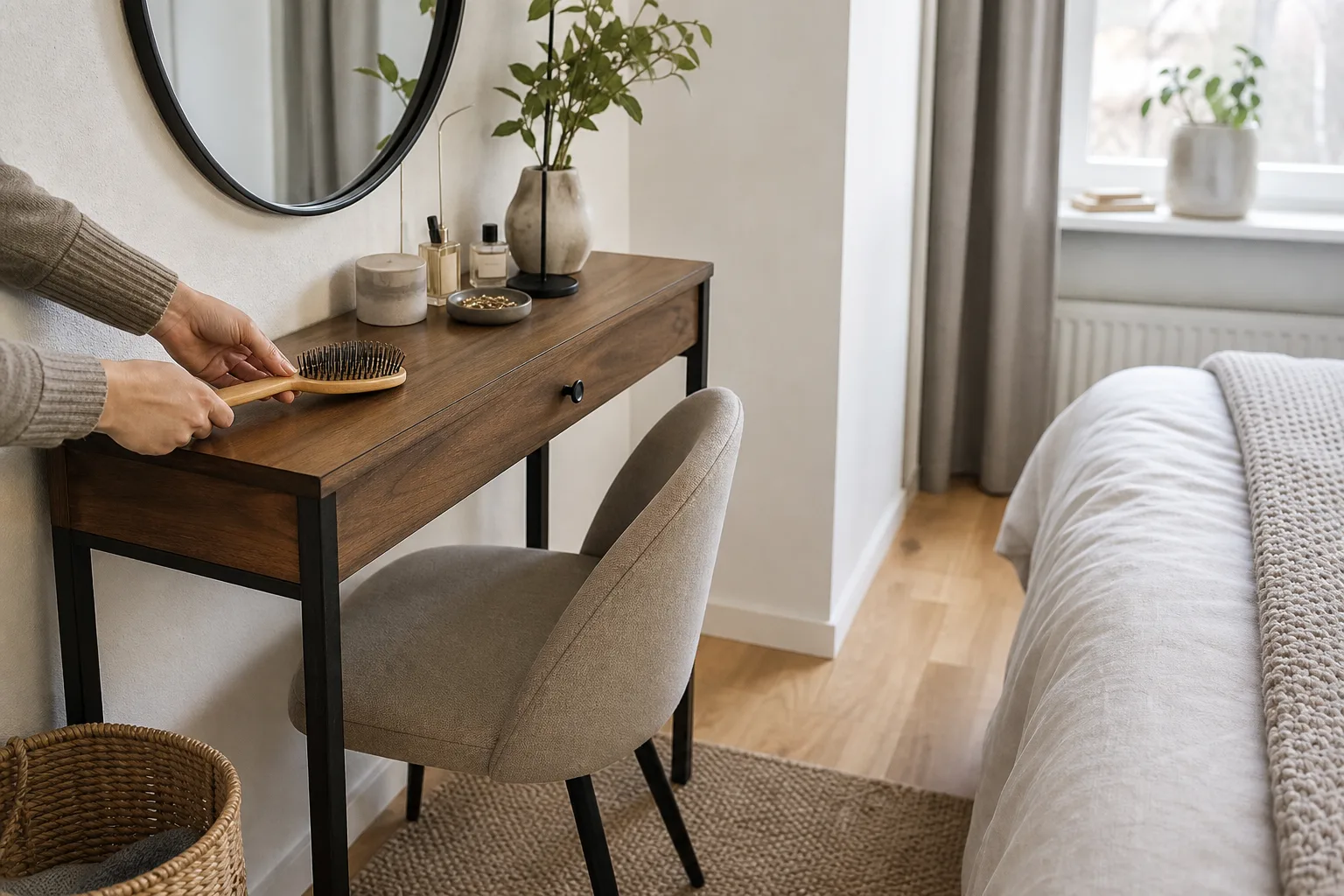 Konsolbord som sminkplats med stol och spegel i sovrum