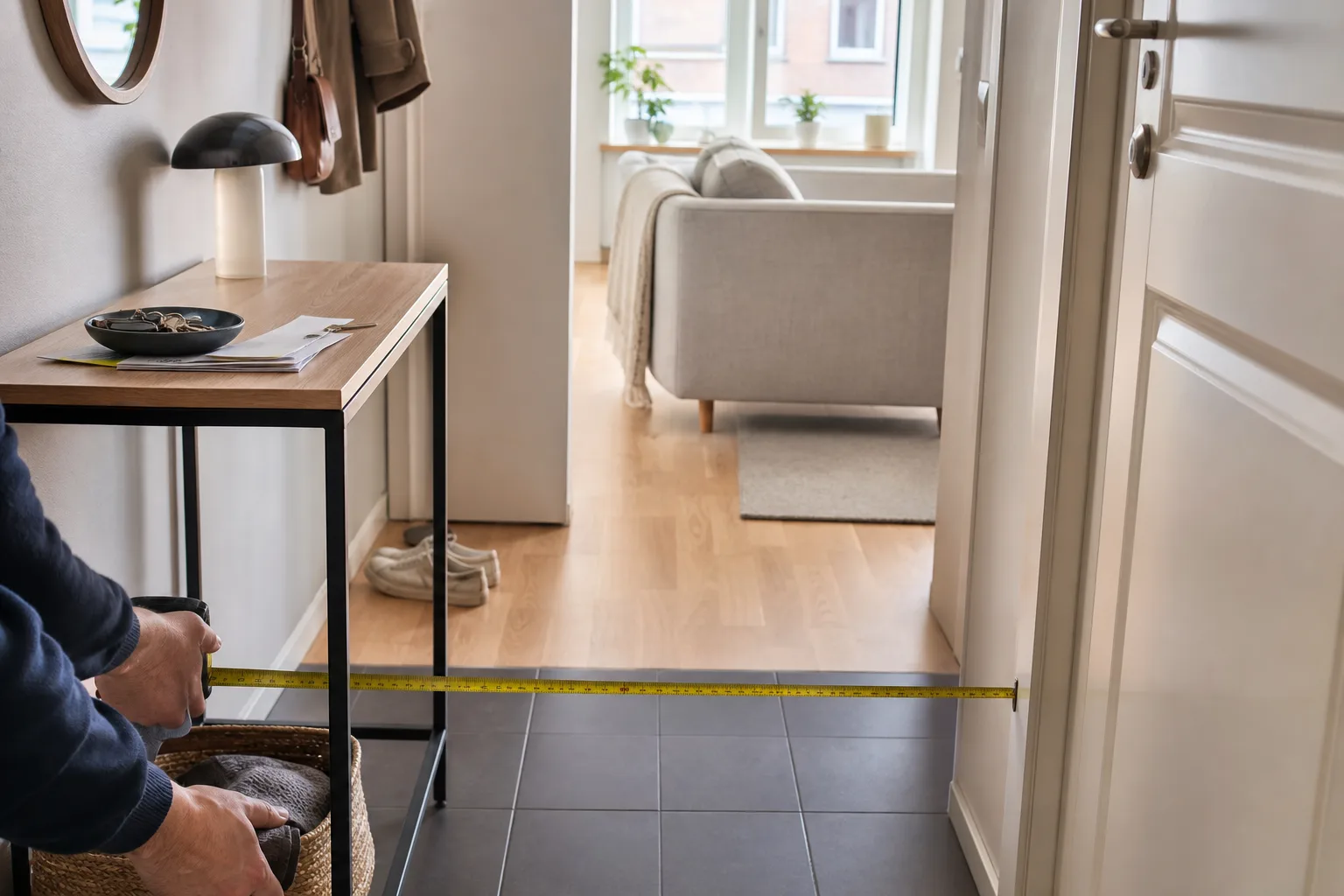 Smalt konsolbord med nyckelskål i hall där gångytan mäts
