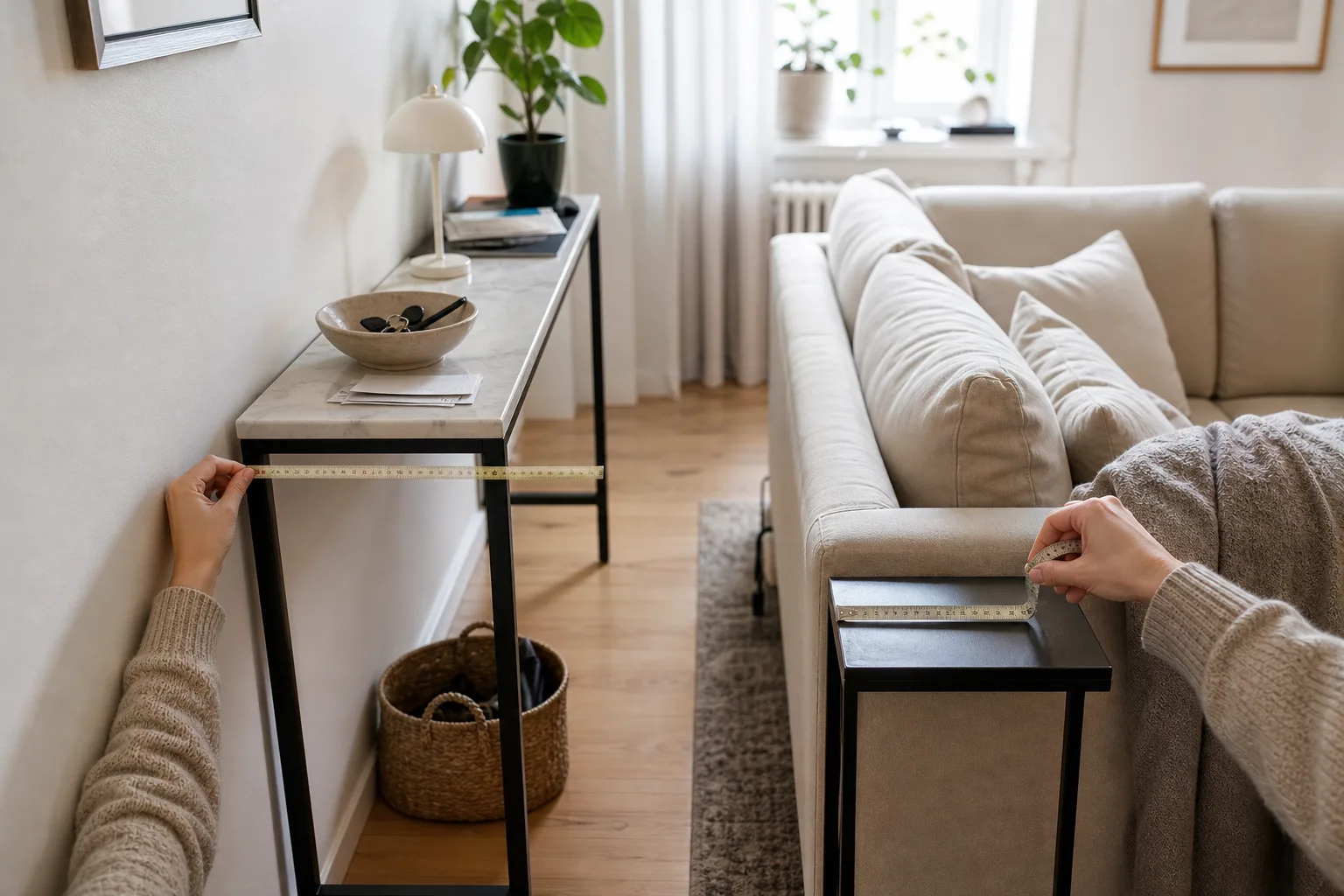 Konsolbord längs vägg och litet sidobord vid soffa