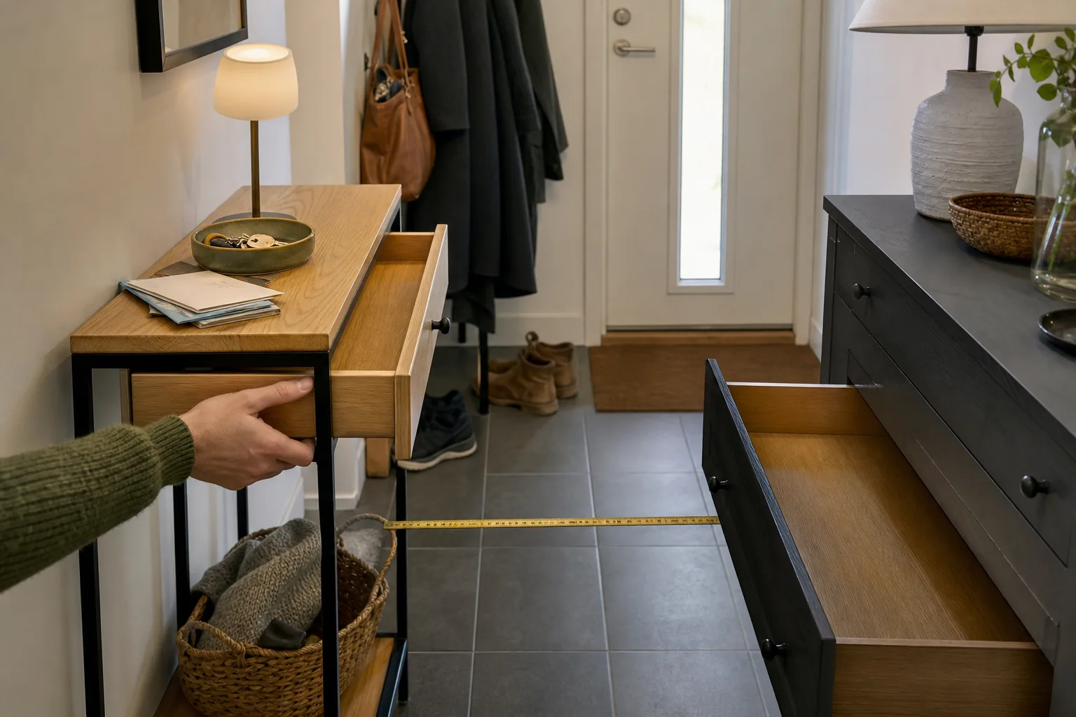 Konsolbord och hallbyrå i hall med en låda utdragen mot gången
