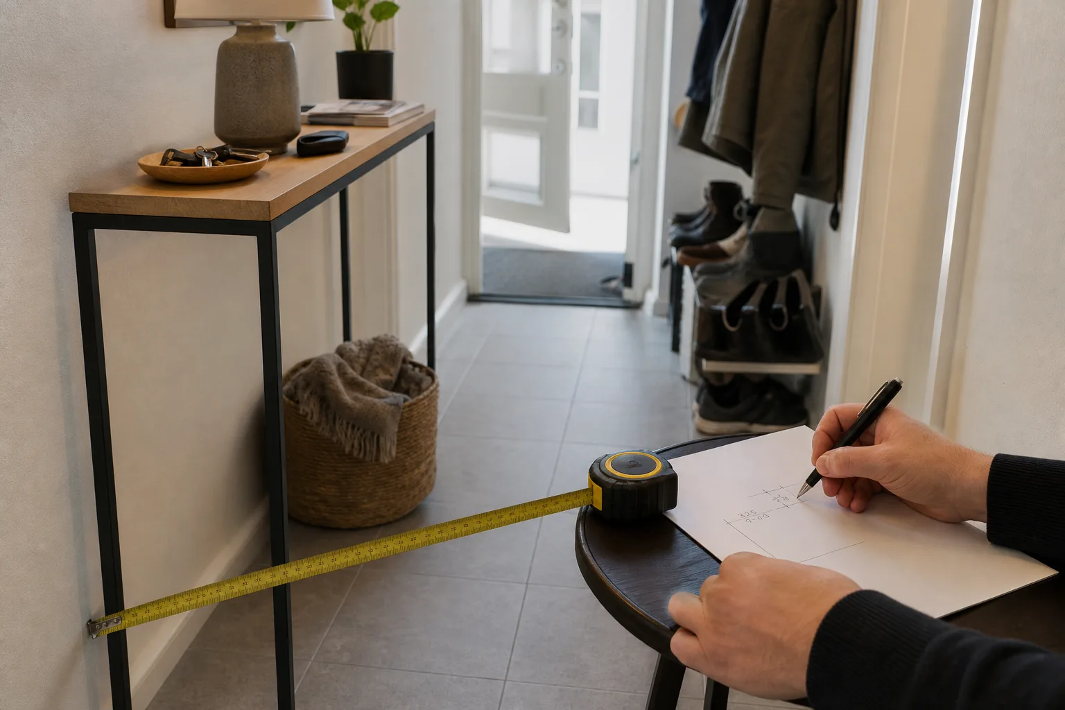 Måttband och anteckning om hallbredd vid smalt konsolbord